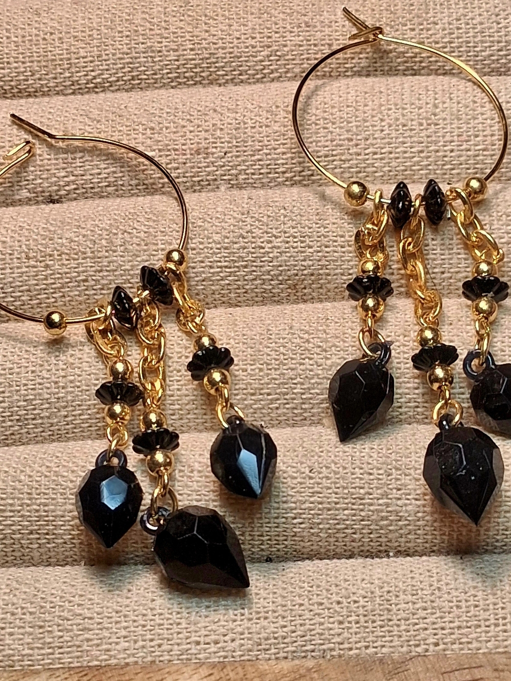 Gold Hoop Earrings with Black Faceted Drops